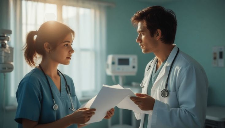 Zwei Ärzte in einem Krankenhaus diskutieren Dokumente vor medizinischen Geräten im Hintergrund