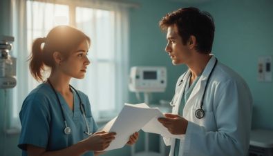 Zwei Ärzte in einem Krankenhaus diskutieren Dokumente vor medizinischen Geräten im Hintergrund