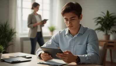 Ein Mann im Büro liest auf einem Tablet, während eine Frau im Hintergrund mit einem digitalen Gerät arbeitet.