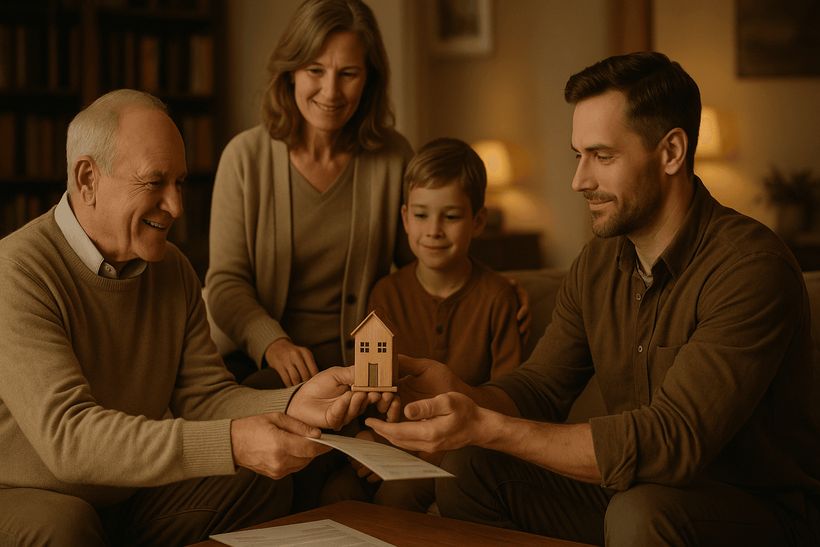 Mehrgenerationenfamilie übergibt symbolisch ein Haus in warmem Wohnzimmer, Vertrauen und Sicherheit vermittelnd.