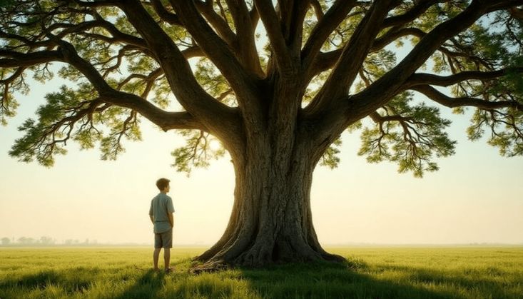 Junge steht vor einem großen, alten Baum auf einer grünen Wiese bei Sonnenaufgang.