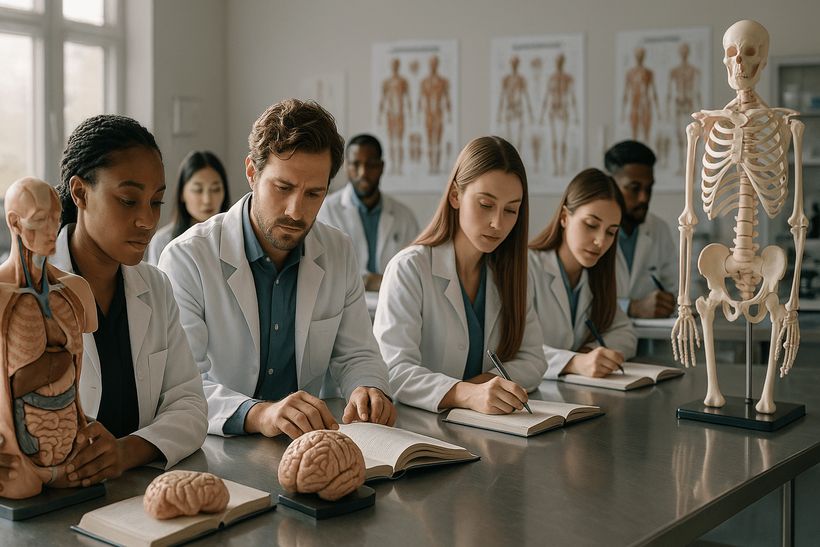 Medizinstudierende in weißen Kitteln studieren anatomische Modelle in einem sonnendurchfluteten Hörsaal.