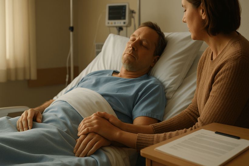 Patient im Krankenhausbett, Hand haltend mit Angehöriger, warmes Licht, ruhige Atmosphäre, Vertrauen und Fürsorge.