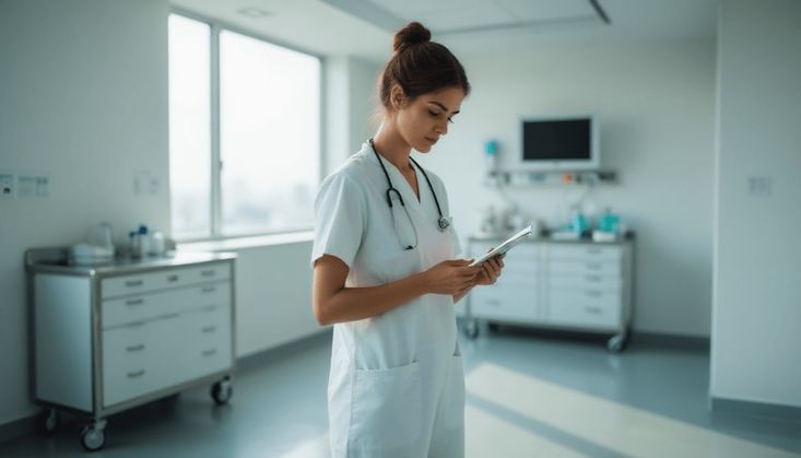 Ärztin im weißen Kittel mit Stethoskop, die ein Tablet in einem hellen Krankenhausraum verwendet.