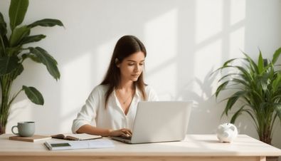 Frau arbeitet an einem Laptop an einem Schreibtisch mit Pflanzen, einer Tasse und einem Sparschwein im Sonnenlicht.