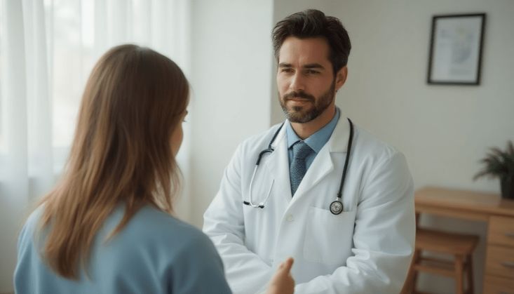 Arzt im weißen Kittel spricht mit einer Patientin in einem hellen Raum, medizinisches Gespräch im Fokus.