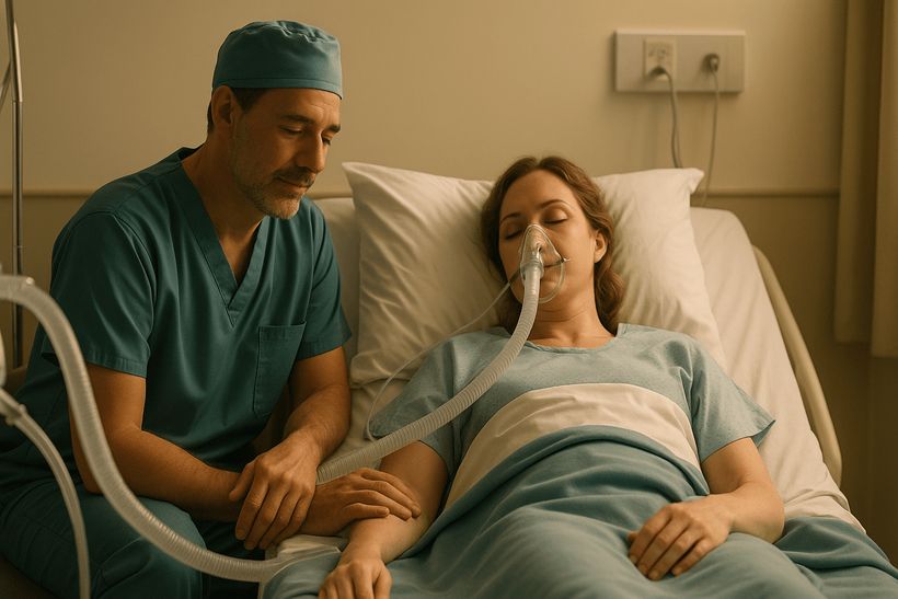 Arzt in OP-Kleidung sitzt am Bett einer Patientin mit Beatmungsmaske in ruhigem, warm beleuchtetem Krankenhauszimmer.