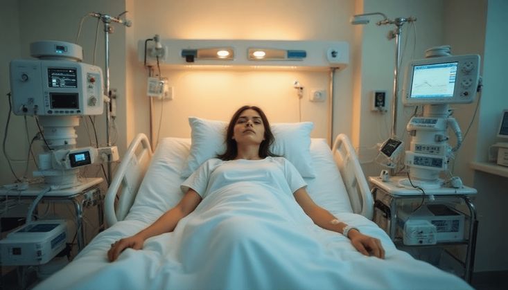 Patientin im Krankenhausbett mit medizinischen Geräten und Monitoren