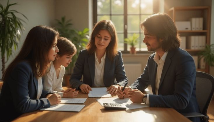 Vier Personen in einem Büro, die gemeinsam Dokumente prüfen, mit Sonnenlicht und Pflanzen im Hintergrund.