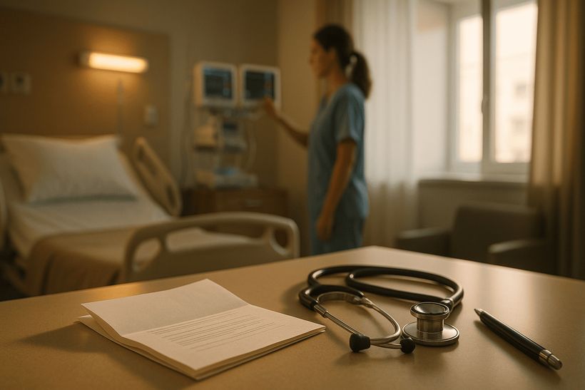 Modernes Krankenhauszimmer mit warmem Licht, Dokument, Stethoskop und Ärztin im Hintergrund an Monitoren.