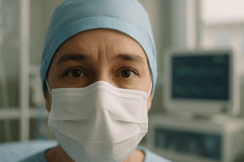 Nahaufnahme ruhiger Patientenaugen im Krankenhaus, mit Monitor im Hintergrund und weichem Licht fokussiert auf den Blick.