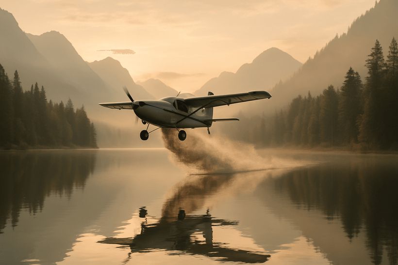 Kleinflugzeug streut Asche über ruhigen Bergsee bei Sonnenaufgang, umgeben von Wald und nebelverhangenen Alpen.