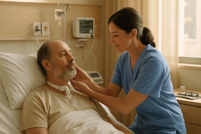Pflegekraft betreut einfühlsam einen Patienten mit Tracheostoma in einem hellen, modernen Krankenhauszimmer.