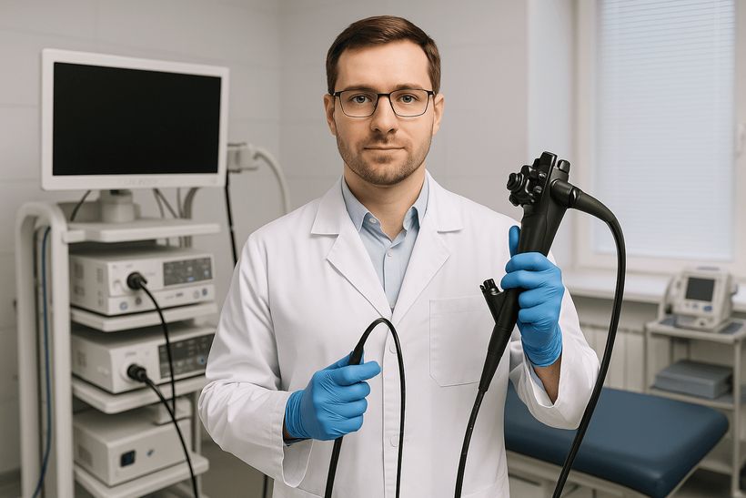 Arzt hält Endoskop für Magenspiegelung in modernem Krankenhaus