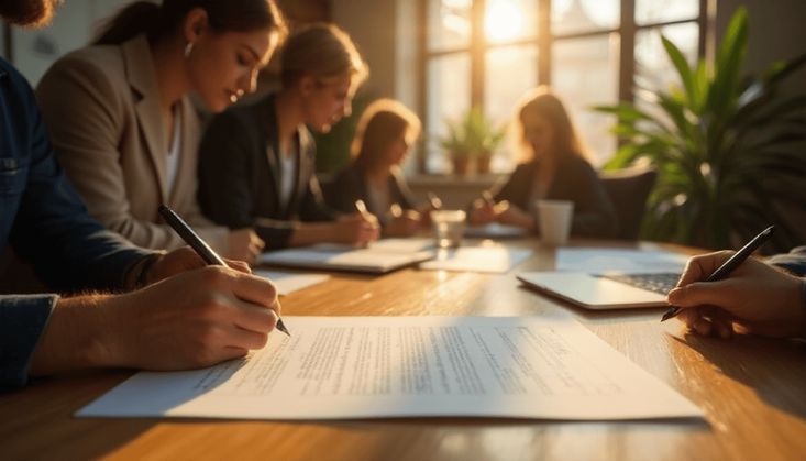 Mehrere Personen arbeiten gemeinsam an Dokumenten in einem hellen Büro mit Sonnenlicht und Pflanzen im Hintergrund.