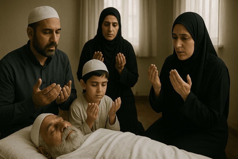 Muslimische Familie betet am Sterbebett eines Verstorbenen, ausgerichtet nach Mekka, in stiller Andacht.