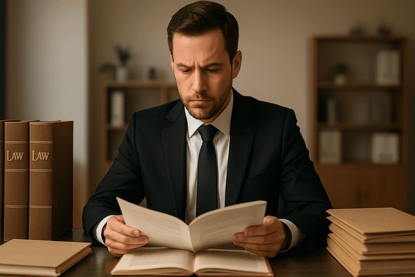 Anwalt im Anzug liest konzentriert Dokumente am Schreibtisch, umgeben von Gesetzesbüchern in modernem Büro.