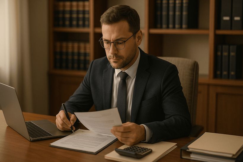 Professioneller Nachlassverwalter prüft konzentriert Dokumente im Büro mit Laptop, Taschenrechner und Akten.