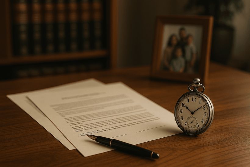 Testament und Taschenuhr auf Schreibtisch, im Hintergrund unscharfe Bücher und Familienfoto, warmes Licht.