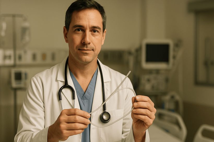 Arzt in Klinik hält Magensonde, im Hintergrund unscharfe medizinische Geräte, Szene wirkt ruhig und vertrauensvoll.