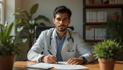 Arzt im Büro mit Stethoskop, schreibt auf Dokumenten, umgeben von Pflanzen und Ordnern im Hintergrund.