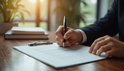 Person in Anzug unterzeichnet ein Dokument auf einem Schreibtisch mit Stift und Büchern im Hintergrund.