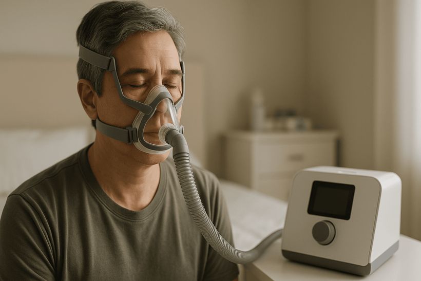 Mittelalterlicher Mann mit Beatmungsmaske sitzt ruhig in hellem Schlafzimmer neben einem modernen Beatmungsgerät.