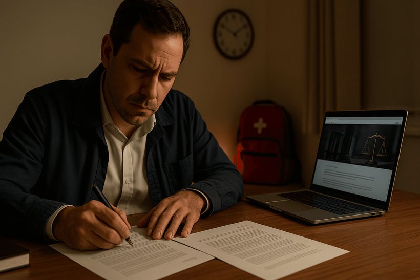 Mann unterschreibt konzentriert Dokumente am Schreibtisch, Laptop und Notfallrucksack im warm beleuchteten Büro.