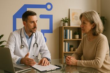 Arzt im weißen Kittel mit Stethoskop im Beratungsgespräch mit älterer Patientin an einem Schreibtisch mit Laptop und Patientenverfügung.