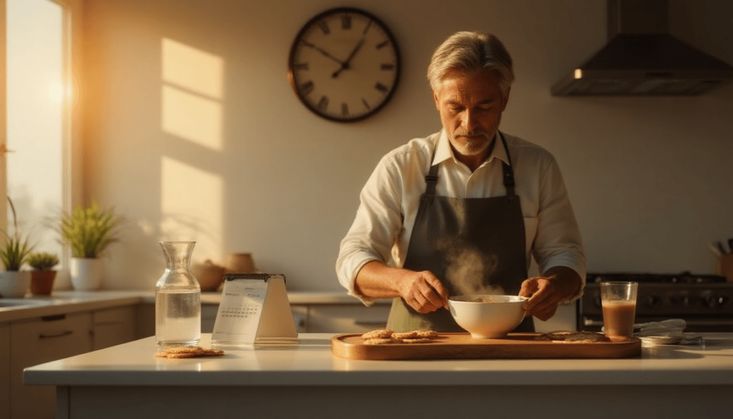 Älterer Mann in heller Küche bereitet Essen zu, mit dampfender Schüssel, Getränk und Keksen auf einem Holztablett.