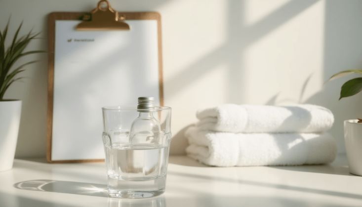 Vorbereitungsset für Darmspiegelung mit Wasserglas, kleiner Flasche, Anweisungsblatt und weißen Handtüchern in hellem Ambiente