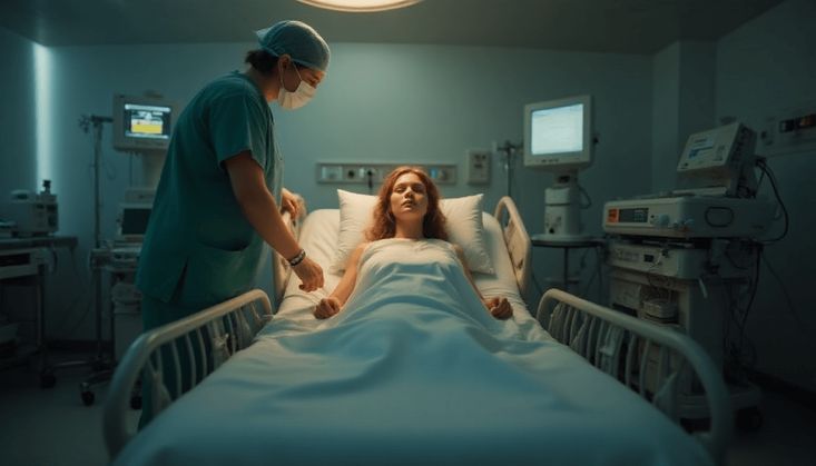 Krankenpfleger betreut Patientin im Krankenhausbett, umgeben von medizinischen Geräten in einem Intensivraum.
