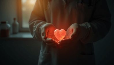 Arzt hält ein leuchtendes Herz in den Händen, symbolisiert Fürsorge und Organspende im medizinischen Kontext.