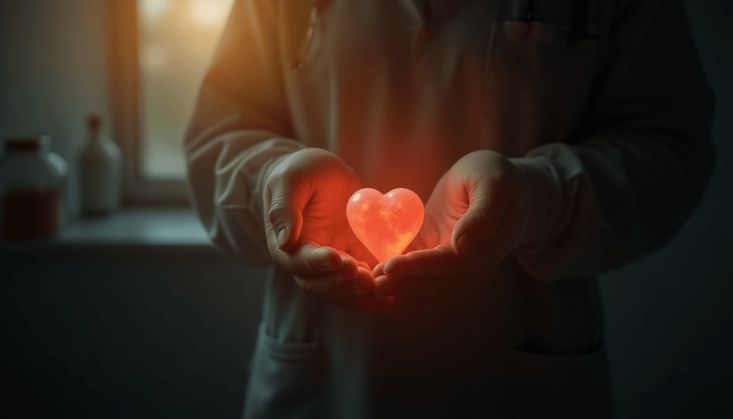 Arzt hält ein leuchtendes Herz in den Händen, symbolisiert Fürsorge und Organspende im medizinischen Kontext.
