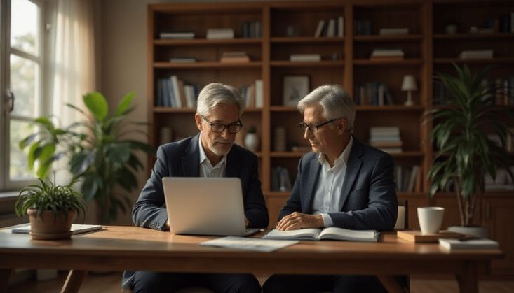 Zwei ältere Männer in Anzügen arbeiten gemeinsam an einem Laptop in einem gemütlichen Raum mit Bücherregalen.