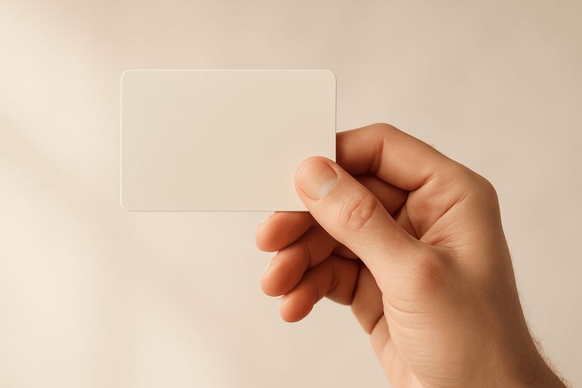Hand hält eine neutrale Karte vor sanftem, beige-weißem Hintergrund mit weichem Licht - ruhig und vertrauensvoll.