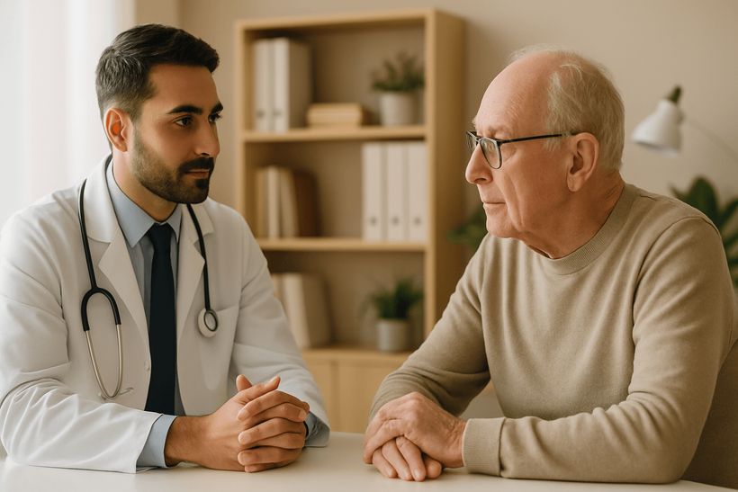 Arzt im Gespräch mit älterem Patienten in heller Praxis, beide in ruhigem, vertrauensvollem Austausch.