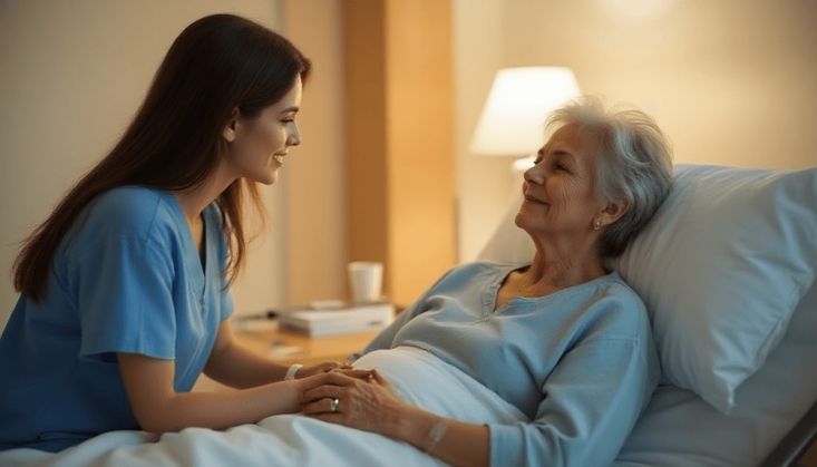 Pflegekraft hält die Hände einer älteren Patientin im Krankenbett, warmes Licht schafft eine beruhigende Atmosphäre.