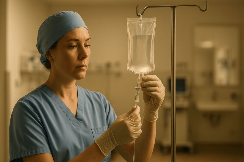 Pflegekraft justiert in steriler Klinikumgebung präzise eine IV-Nahrungslösung – Fokus auf Hygiene und Vertrauen.