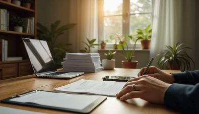 Schreibtisch mit Laptop, Dokumentenstapel und Pflanzen im Sonnenlicht, Person unterschreibt ein Papier.