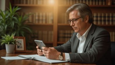 Mann im Anzug sitzt an einem Schreibtisch, hält ein Smartphone und arbeitet in einem Büro mit Bücherregalen im Hintergrund.