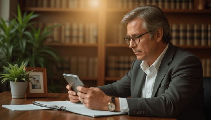 Mann im Anzug sitzt an einem Schreibtisch, hält ein Smartphone und arbeitet in einem Büro mit Bücherregalen im Hintergrund.