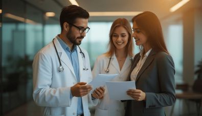 Drei Personen, darunter zwei Ärzte und eine Frau im Business-Outfit, besprechen Dokumente in einem Büro.