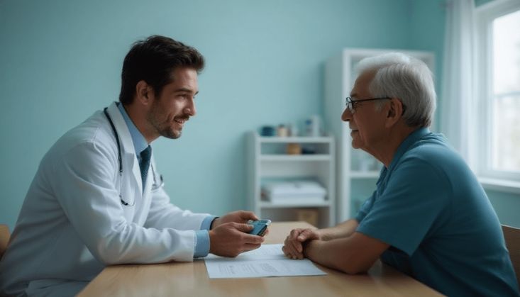 Arzt im Gespräch mit älterem Patienten in einem hellen Raum, Dokumente auf dem Tisch.
