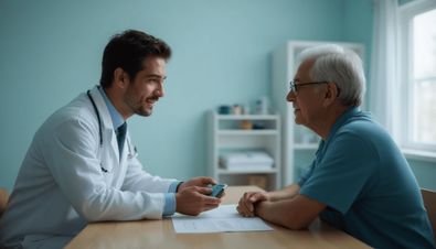 Arzt im Gespräch mit älterem Patienten in einem hellen Raum, Dokumente auf dem Tisch.