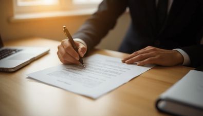 Person in Anzug unterschreibt Dokument an einem Schreibtisch mit Laptop und Sonnenlicht im Hintergrund.
