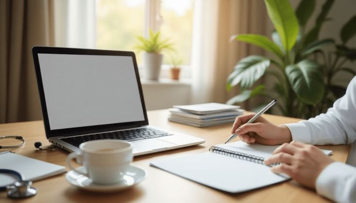 Arbeitsplatz mit Laptop, Notizbuch, Stift und Kaffeetasse, umgeben von Pflanzen, in heller und gemütlicher Atmosphäre.