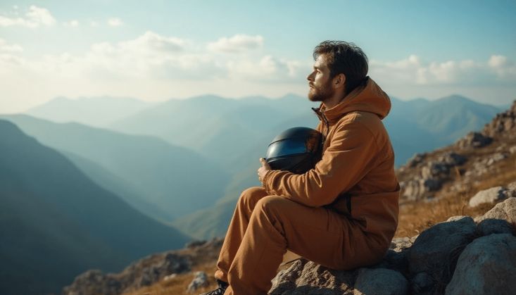 Ein Mann in orangefarbener Outdoor-Kleidung sitzt mit einem Helm auf einem Berg und blickt in eine weite Berglandschaft.