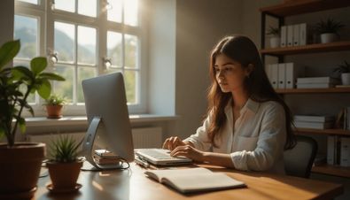 Frau arbeitet an einem Schreibtisch mit Computer, umgeben von Pflanzen, in einem hellen, gemütlichen Raum.