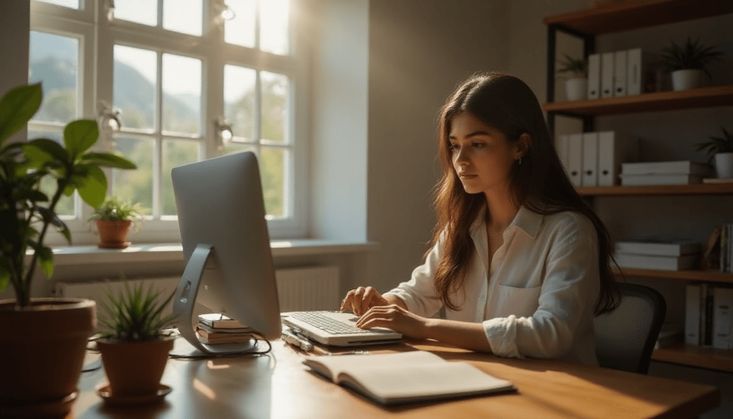 Frau arbeitet an einem Schreibtisch mit Computer, umgeben von Pflanzen, in einem hellen, gemütlichen Raum.